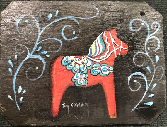 Swedish Decor, Hand Painted Welcome Sign, Swedish Dala Horse Slate Painting