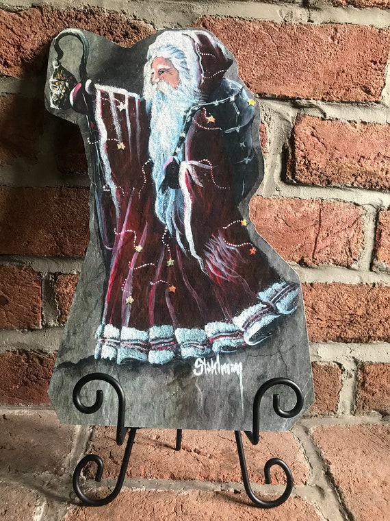 Old World German Santa Handmade Hand Painted on Slate, Holiday Christmas Decor, Mantle Decor,