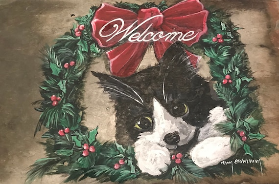 Welcome Sign, Hand Painted, Slate Painting, Black and White Kitty, Holiday Wreath