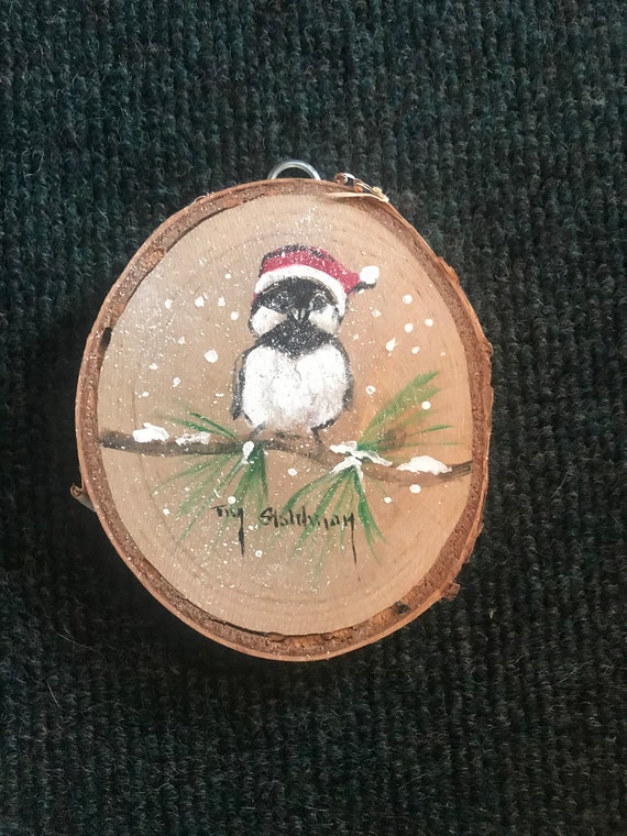 Baby Chickadee on Birch Wood Slice, Wall Hanging, Stocking Stuffer, Teacher Gift, Wildlife Lovers, Bird Lovers