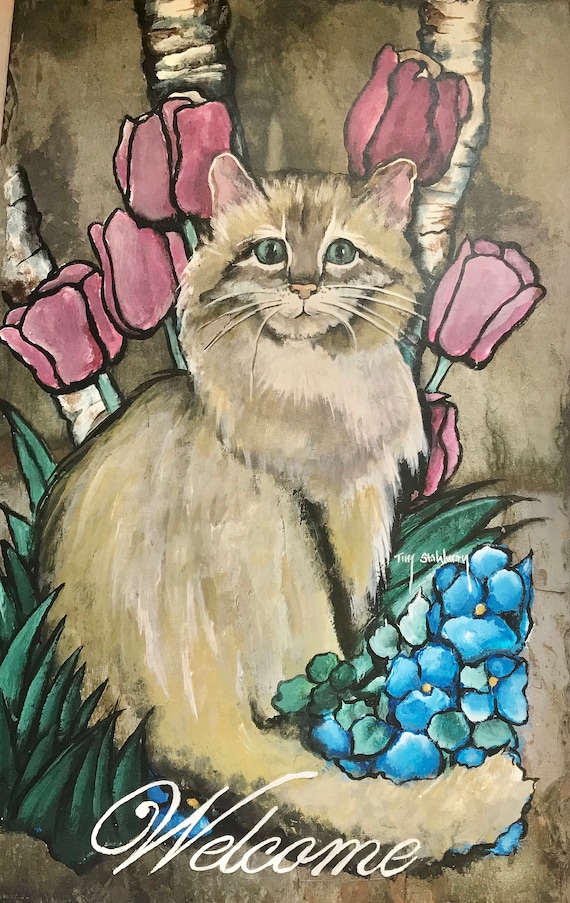 Slate Painting Spring Summer Kitty Welcome, Door Hanger, Gift for Cat Lovers