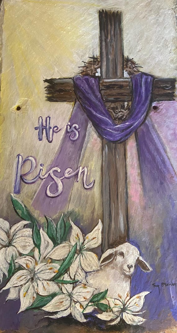 Easter Slate Cross Painting, Door Hanger, Home Decor, Spring, Ideal Gift for Pastor or Priest