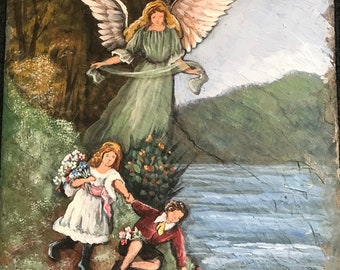 Hand Painted Slate, Slate Painting, Guardian Angel with Children