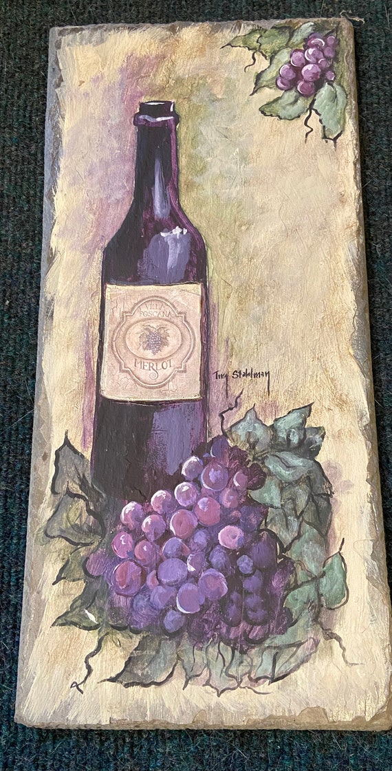 Slate Painting, Wine Bottle, Tuscan Kitchen Decor, Dining Room Decor, Vino, Grapes Vineyard, Ideal Gift For Wine Lovers