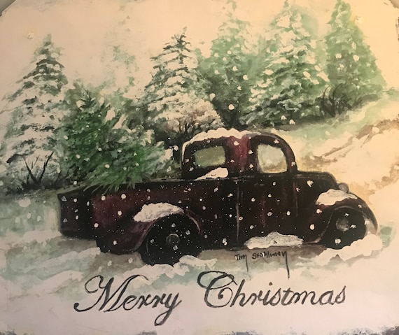 Hand Painted Slate, Merry Christmas Truck, Holiday Decor, Winter Welcome, Slate Painting Plaque, Christmas Tree Truck