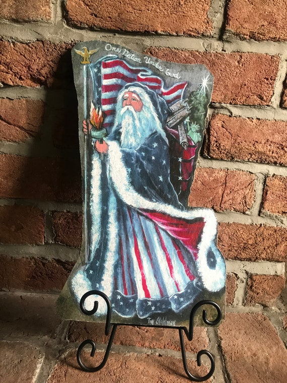 Patriotic Santa Cut Out, For Mantel or Tabletop, Easel Included, Americana Decor, Christmas Holiday Decor