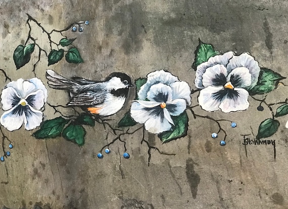 Chicadee on Pansies, Hand Painted Slate, Porch Decor, Garden Decor, Summer Welcome Sign, Pansies for Mom Grandma, Bird Lover