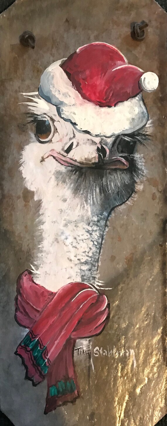 Holiday Decor, Hand Painted Slate Painting, Whimsical Holiday Ostrich