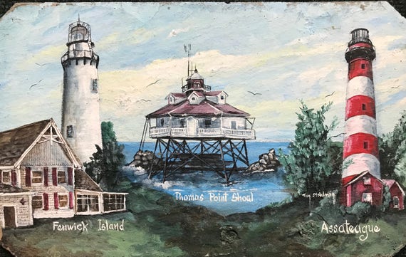 Lights of the Chesapeake Slate Painting, Hand Painted Slate, Lighthouse Collectors, Nautical Decor