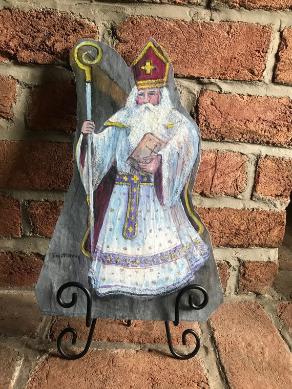 St. Nicolas Old World German Santa Hand Painted Handmade on Slate, Holiday Christmas Decor, Decor for Mantle, Santa on Easel