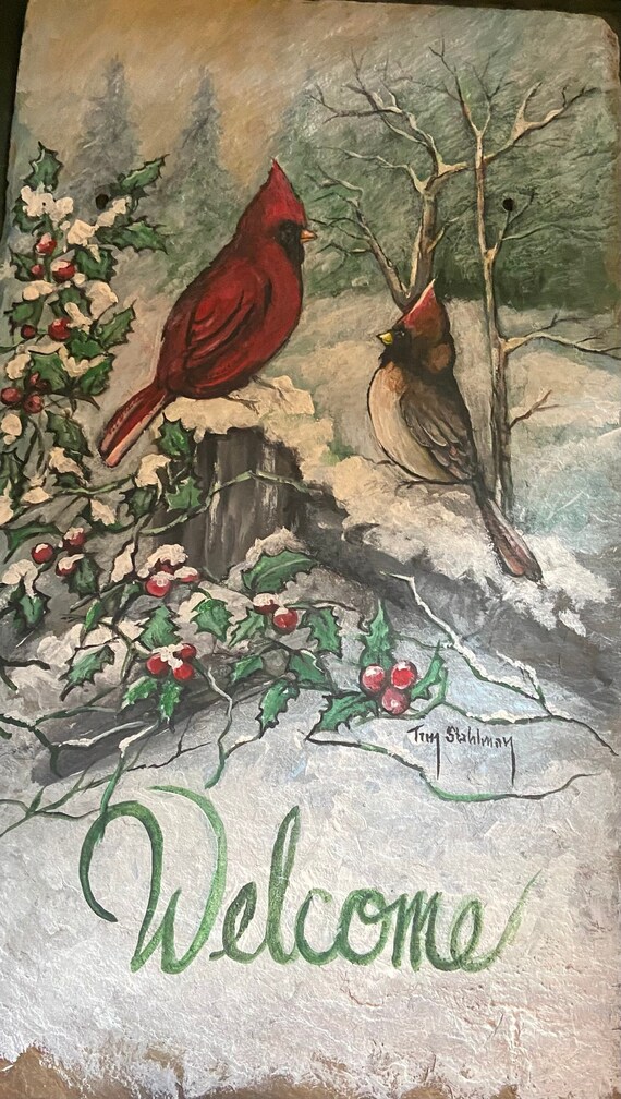 Slate Painting, Winter Welcome Sign, Cardinal Pair, Door Hanger, Gift for Bird Lovers