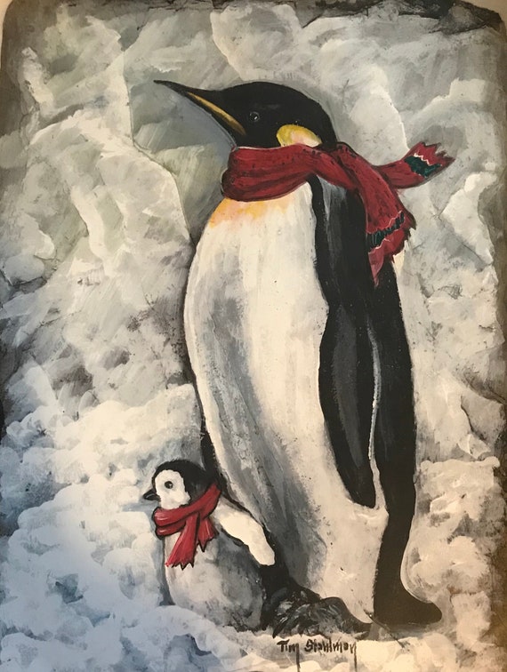 Penguin Slate Painting, Winter Door Hanger, Holiday Art, Bird Lovers