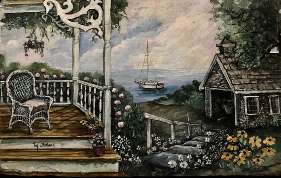 Sailboat and Cottage Lake Scene Slate Painting