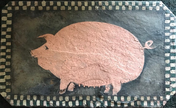 Hand Painted Slate, Country Decor, Kitchen Decor, Pig Collectors, Folk Art Pig