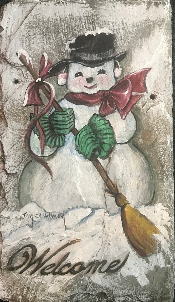 Snowman Slate Painting, Winter Welcome, Holiday Door Hanger, Gift for Snowman Lovers