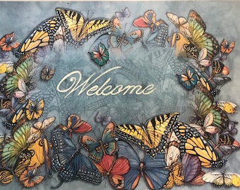 Hand Painted Slate Painting, Welcome, Butterflies, Porch Decor, Garden, Hand Painted Welcome Sign, Monarch Butterfly Welcome Slate Painting