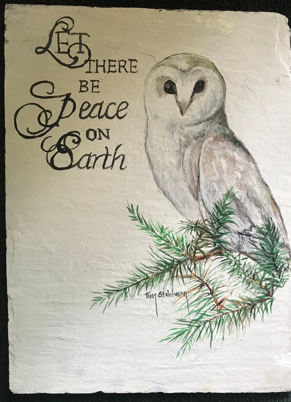 Hand Painted Slate, Holiday Decor, Owl Collectors, Christmas Decor, White Peace Owl