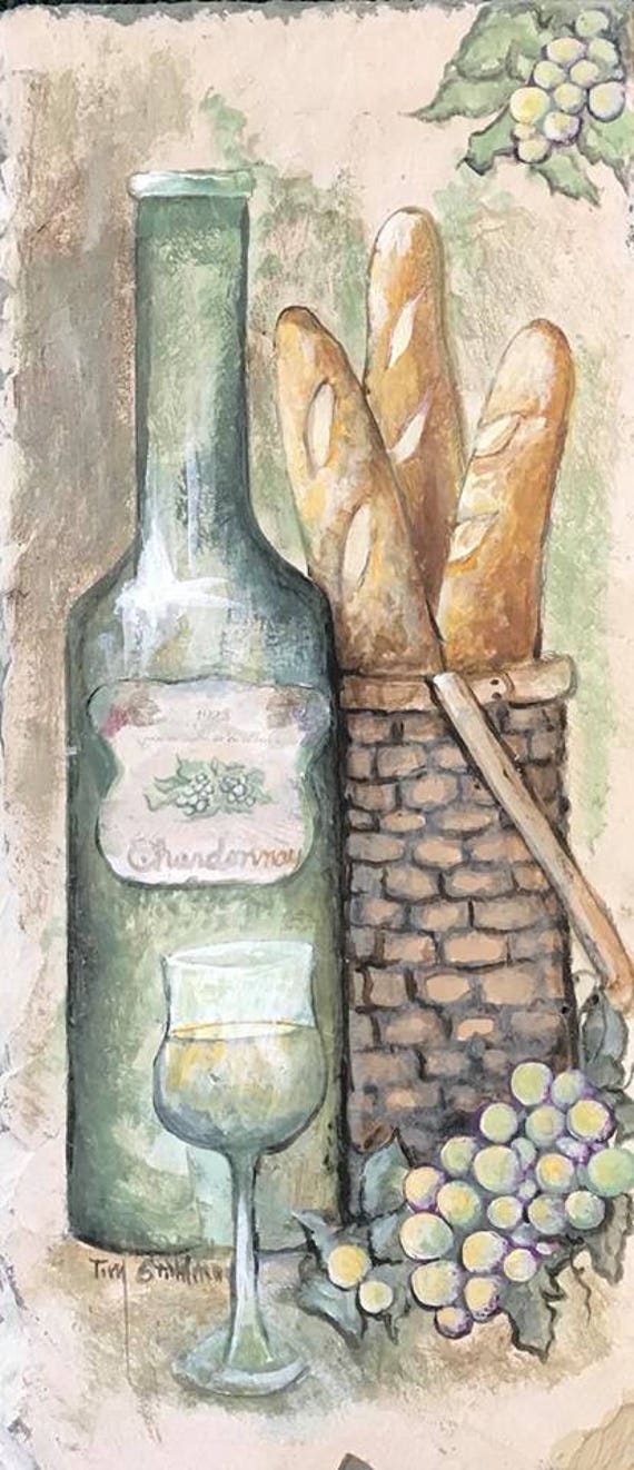 Mediterranean Decor, Slate Painting, Wine Lovers, Kitchen Dining Room Decor, Chardonnay Wine