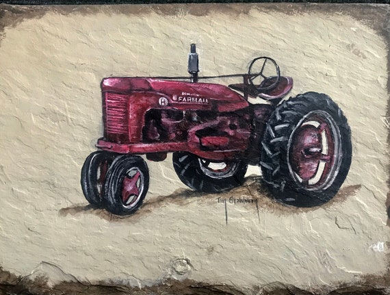 Farmhouse  Decor, Hand Painted Slate Painting, Country Decor, Farm Art, Wall Hanging, Red Tractor
