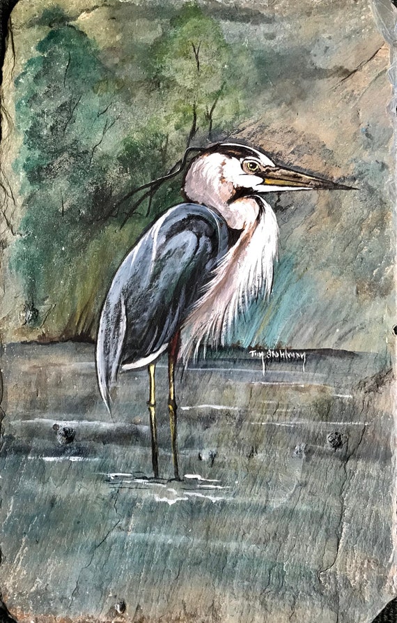 Hand Painted Slate Sign, Great Blue Heron, Slate Painting, Wall Hanging Slate Plaque, Bird Lovers, Wildlife Decor