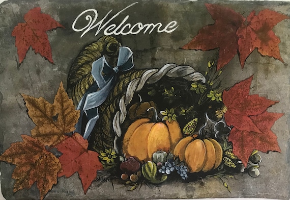 Slate Painting, Autumn Welcome Sign, Fall, Cornucopia, Horn of Plenty, Fall Door Hanger