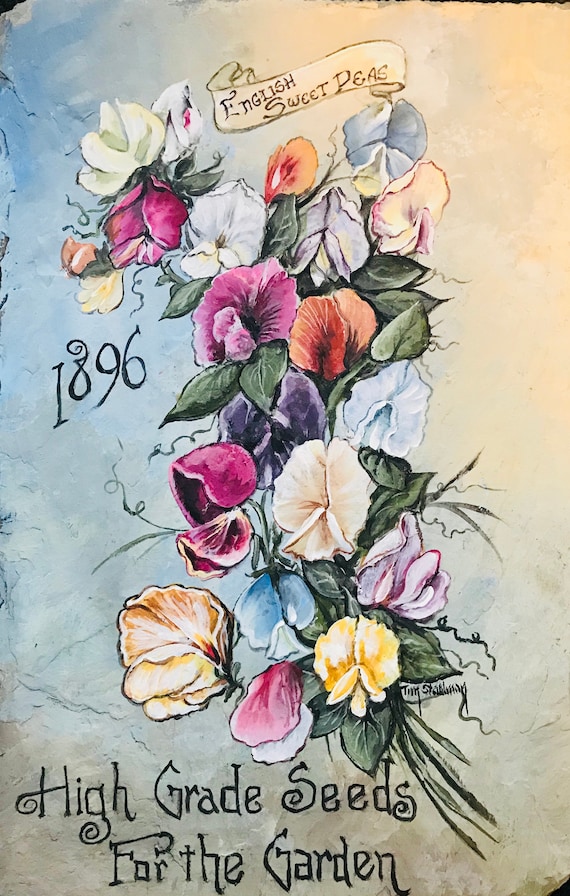 Victorian Decor, Garden Decor, Hand Painted Wall Hanging, Vintage Sweet Peas, Antique Gardening Sign