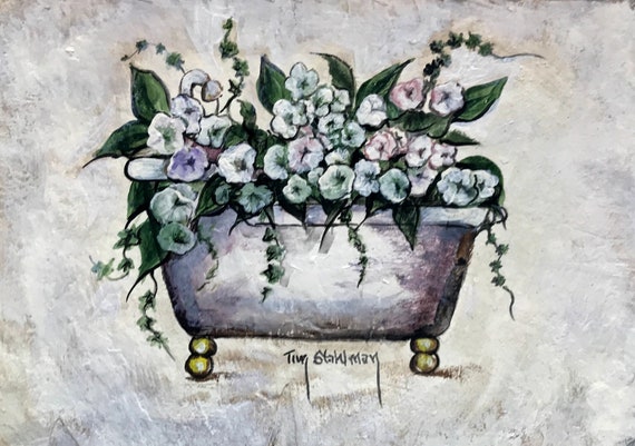 Tub of Flowers, Bathroom Decor, Slate Painting, Country Decor Powder Room