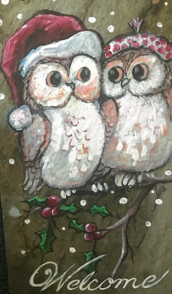 Holiday Winter Owls Slate Painting