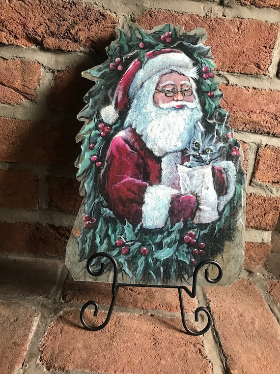 Slate Santa With Easel, Handmade Cut Out From Vintage Slate, Mantle or Tabletop Decor, Gift for Santa Collectors