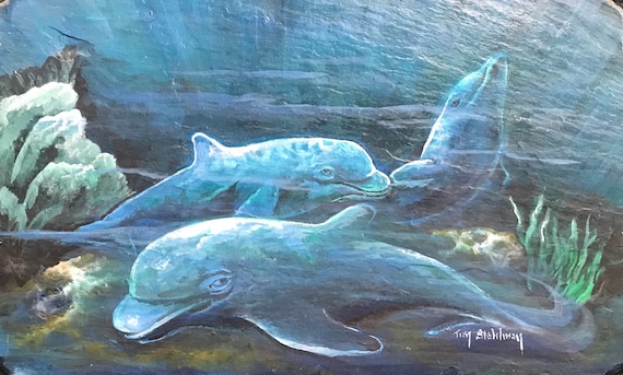 Dolphins, Nautical Decor, Hand Painted Slate, Ocean Marine Decor