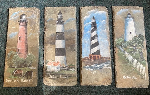 Outer Banks Lighthouses Set of Four, Slate Paintings, Currituck, Bodie, Hatteras, Ocracoke, Nautical Decor, Gift for Lighthouse Collectors