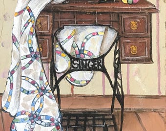 May include: A vintage Singer sewing machine with a wooden table and drawers. A white quilt with colorful accents is draped over the table. A wicker basket with sewing supplies sits on the floor. The background is a beige and pink striped wallpaper with floral accents. The artist's signature, "Tiff Griffith", is visible in the lower right corner.