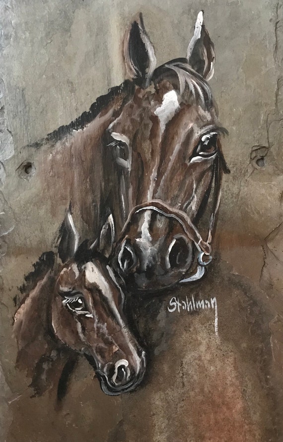 Tack Room, Horse Lovers, Quarter Horses, Hand Painted Slate, Horse and Foal Slate Painting