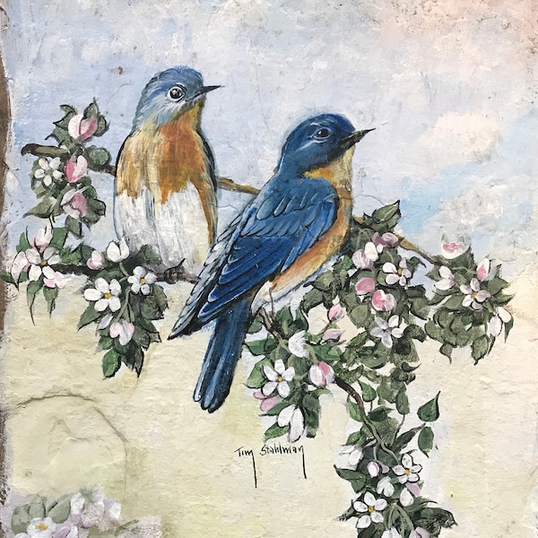 Slate Painting, Welcome Sign, Bluebirds Wall Art, Door Hanger, Gift for Bird Lovers, Gift for Mom