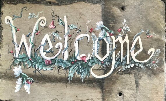 Welcome Sign, Hummingbird Slate Painting