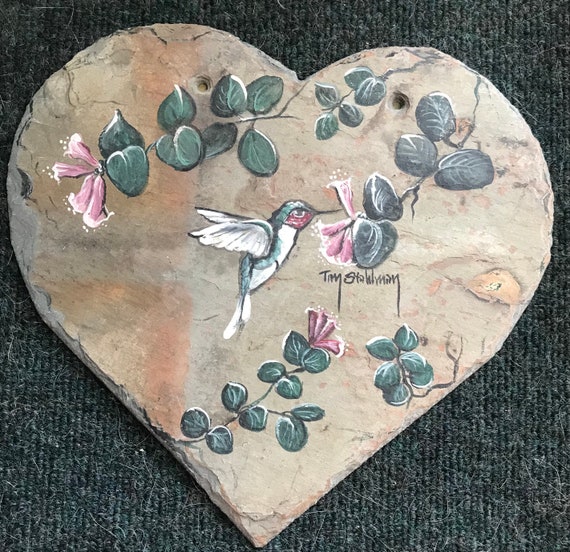 Heart Shape Humming Bird, Hand Painted Slate, Garden, Porch Decor, Mother’s Gift, Hand Cut Slate Heart