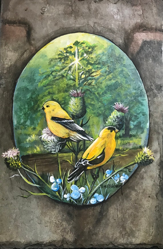 Gold Finches Slate Painting, Spring Summer Door Hanger, Gift For Bird Nature Lovers