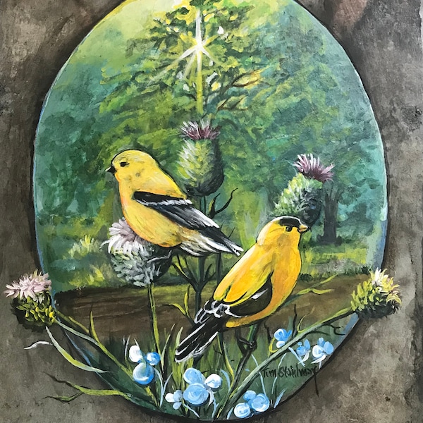 Gold Finches Slate Painting, Spring Summer Door Hanger, Gift For Bird Nature Lovers