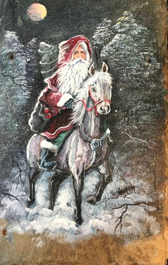 Christmas Slate Painting, Holiday Decor, Hand Painted Slate, Horse Lovers, Santa on Horse
