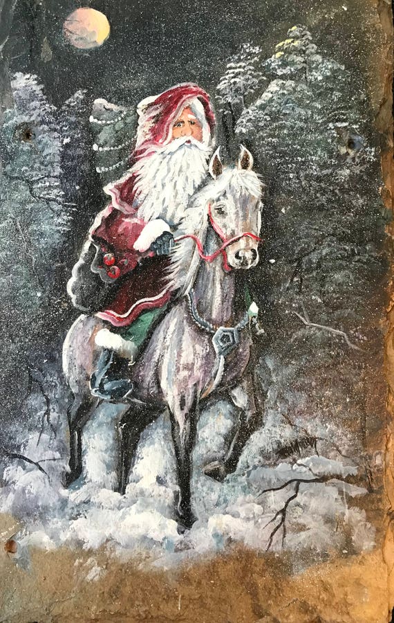 Christmas Slate Painting, Holiday Decor, Gift for Horse Lovers, Santa on Horse, Santa Collectors