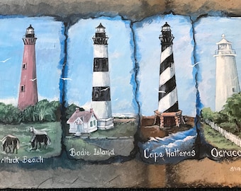 Outer Banks Lighthouse Slate Painting, Nautical Wall Decor