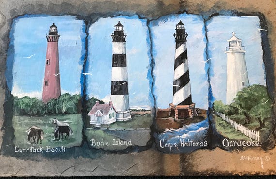 Slate Painting, Cape Hatteras, Outer Banks , Currituck,  Nautical Decor, Bodie,  Ocracoke Lighthouses, Ideal Gift for Lighthouse Lovers