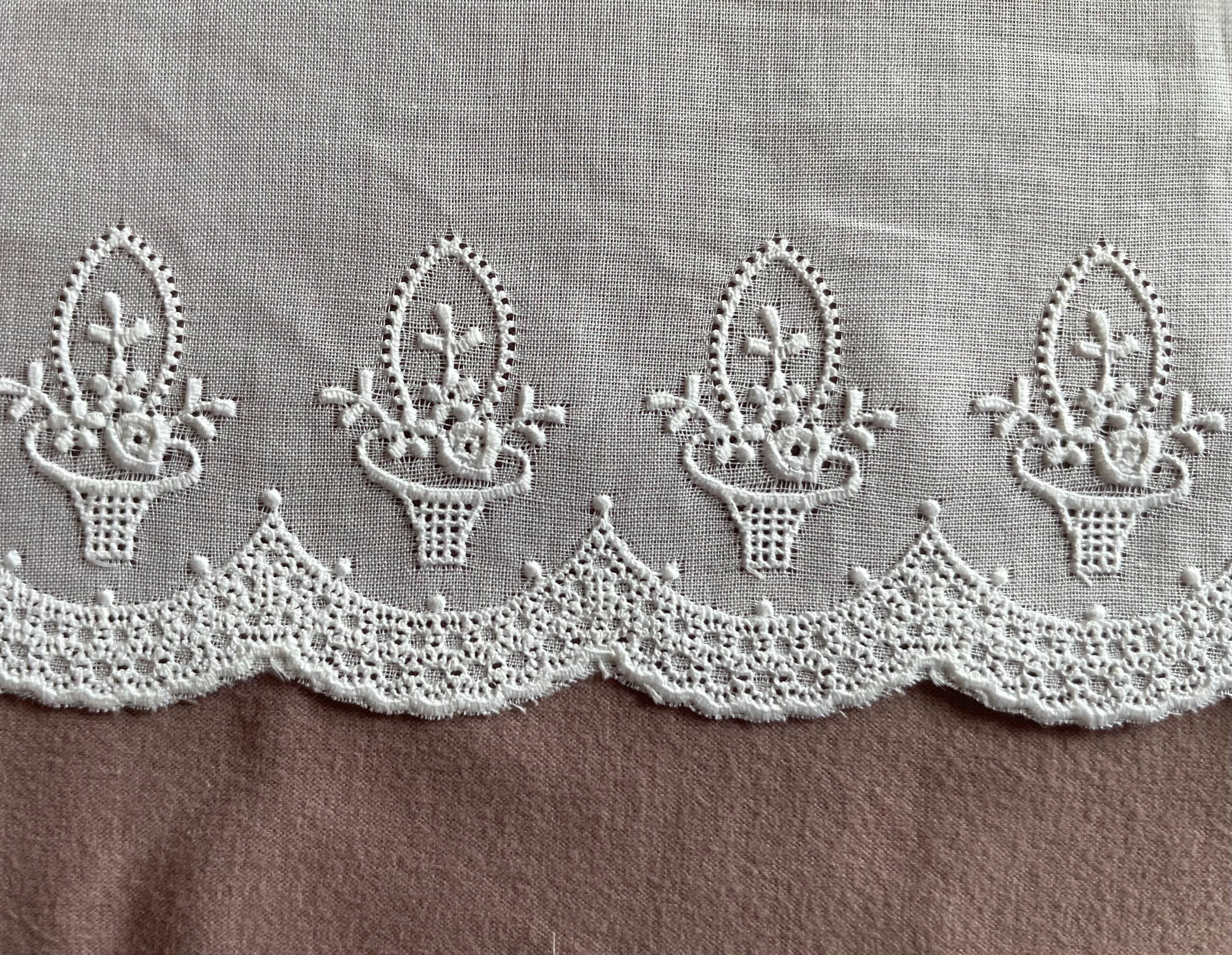 Embroidered Batiste, 7" wide, All Cotton, White,, sold by yard.