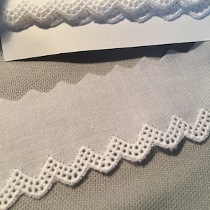 Embroidered edge,  on Swiss cotton, 1” wide, White, 1 yard cuts