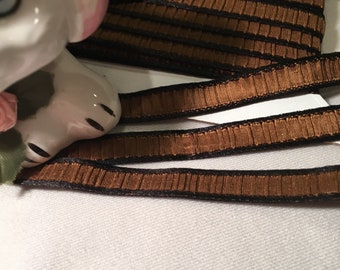 Plisse French Ribbon,  Brown w/black edge, 1/4” wide, 100% Silk