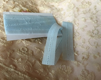 1 yard cuts of blue Entredeux on blue Swiss Batiste, 5/8" wide,  100% cotton.