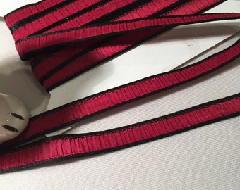 Plisse French Ribbon,  Dk red, black edge, 1/4” wide, 100% Silk