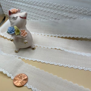 Embroidered edge on  white Batiste, made in Switzerland, 1” wide design 3/8”.