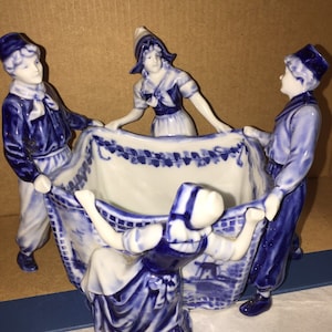 GERMAN DELFT: Rauenstein Thuringia Delft Porcelain (4) Figures in Fishing Attire… Around Basket