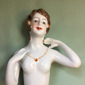 Pincushion / Half Doll: Beautiful Porcelain 1920s Style Pin Cushion Pincushion Half Doll w/Necklace, Large 5 inches Tall!
